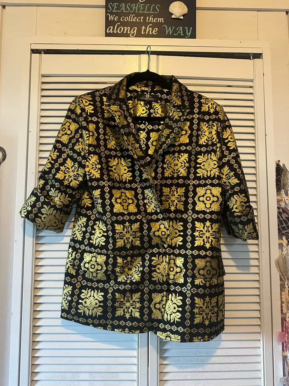 Lafayette 148 New York Black Jacket with Metallic Gold Tile Floral Print
